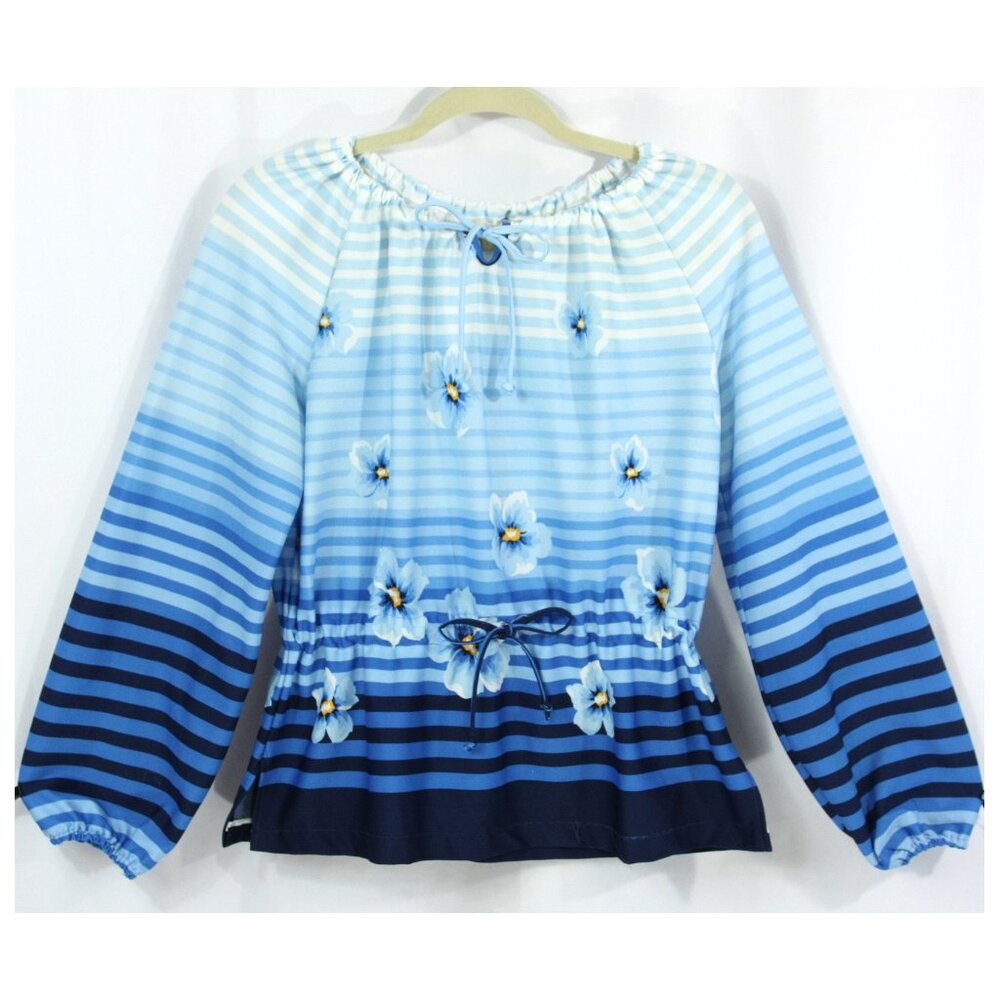 Vintage Miss Fashionality Floral Stripes Keyhole Blouse Tunic Top Blue 1970s M